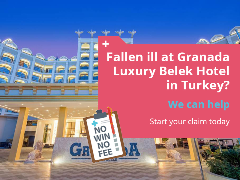 An image of the Granada Luxury Belek Hotel with a call to action regarding contacting Holiday Claims Bureau for package holiday claims